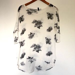 Black + White Knit Sweater Top with Rose Pattern